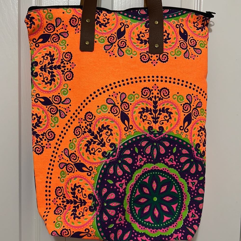 Colorful Neon Orange Artsy Beachy Canvas Leather Zip Top Tote Bag